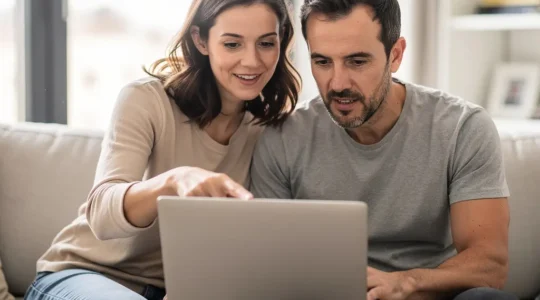 Couple trentenaire comparant des simulations de crédit immobilier sur ordinateur portable