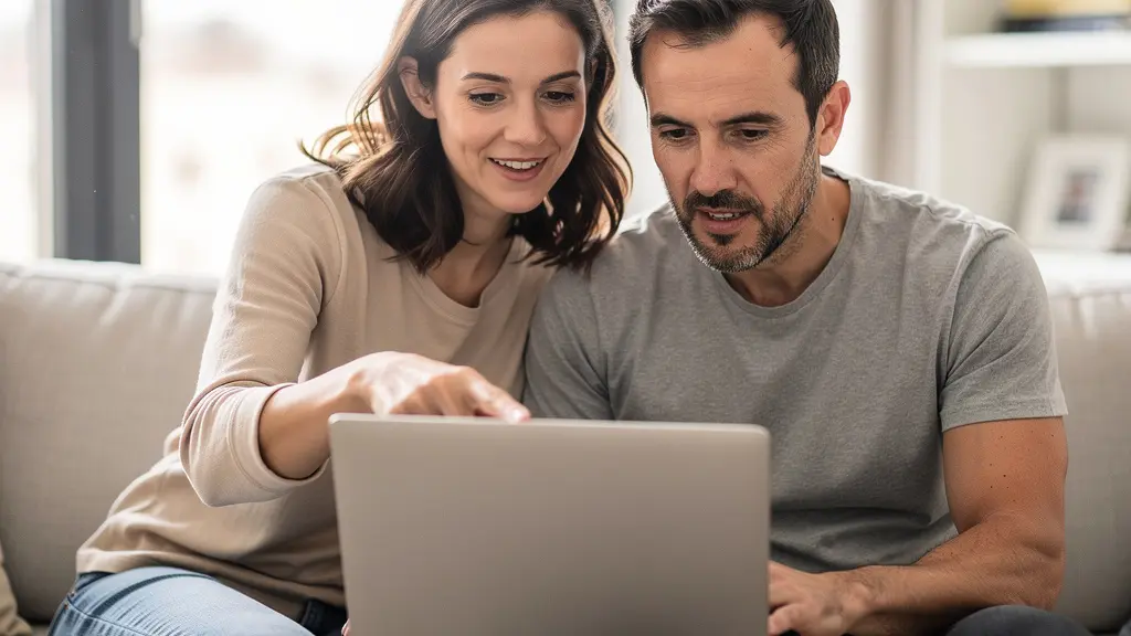 Couple trentenaire comparant des simulations de crédit immobilier sur ordinateur portable