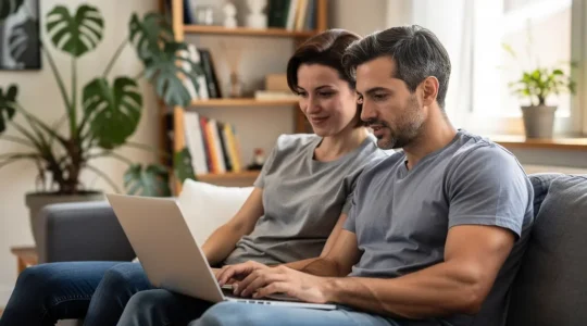 Couple français consultant une simulation de capacité d'emprunt sur ordinateur portable dans leur salon