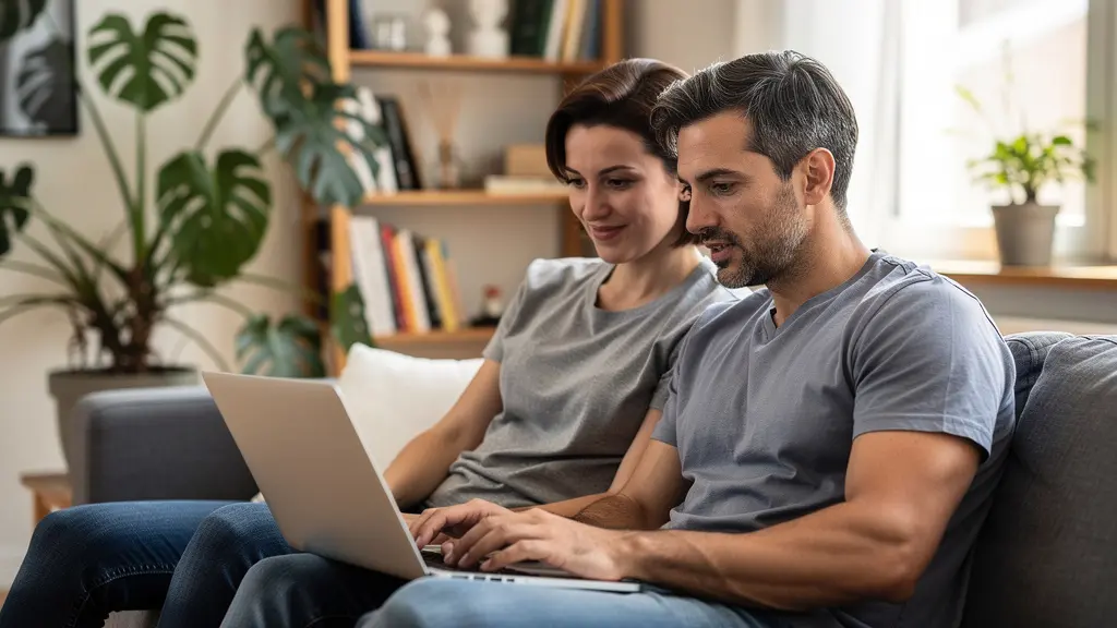 Couple français consultant une simulation de capacité d'emprunt sur ordinateur portable dans leur salon