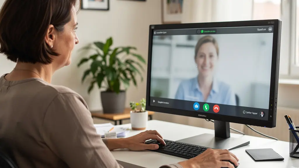 Femme française en visioconférence avec un conseiller bancaire pour estimer sa capacité d'emprunt