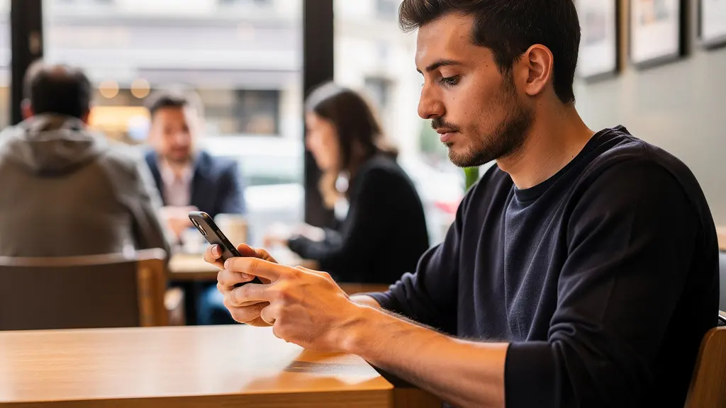 Jeune homme français utilisant son smartphone pour simuler un crédit immobilier dans un café parisien